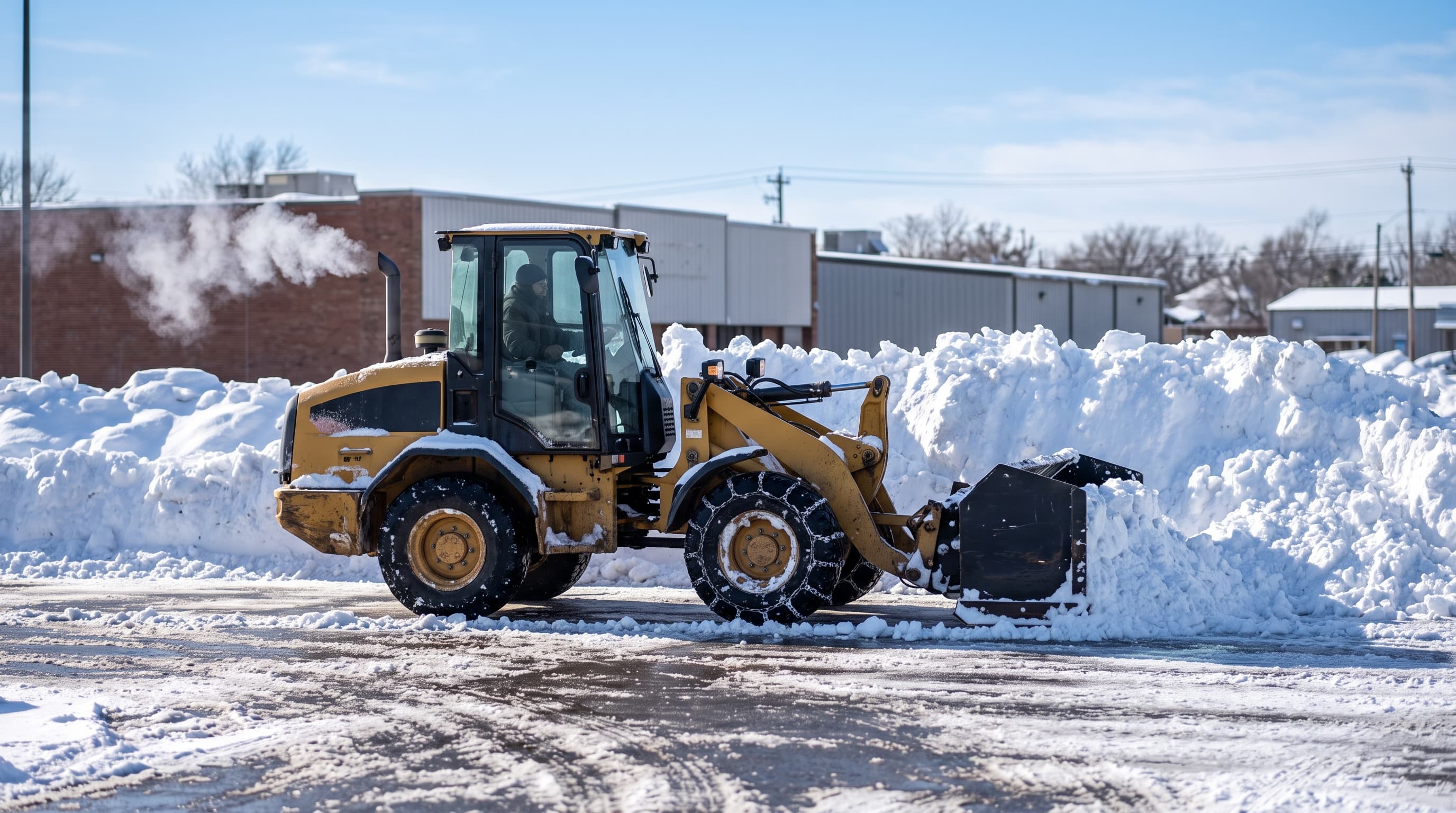 Loader clearing a commercial parking lot after a snowstorm